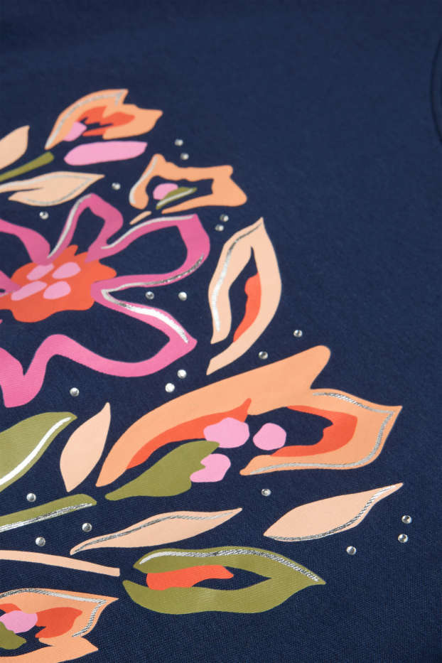 Femmes - T-shirt avec pierres de strass - regular fit - effet brillant - bleu foncé