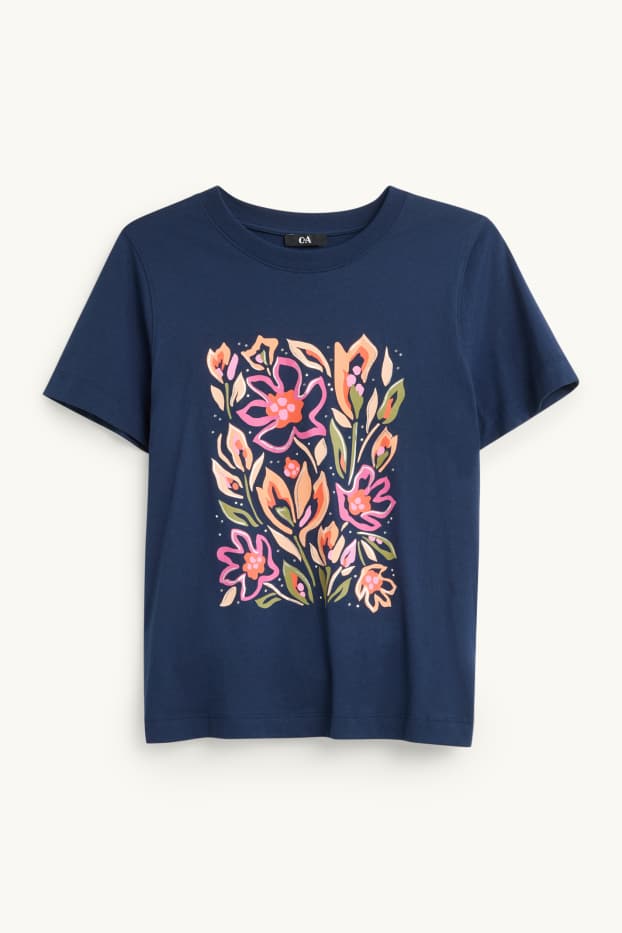 Femmes - T-shirt avec pierres de strass - regular fit - effet brillant - bleu foncé