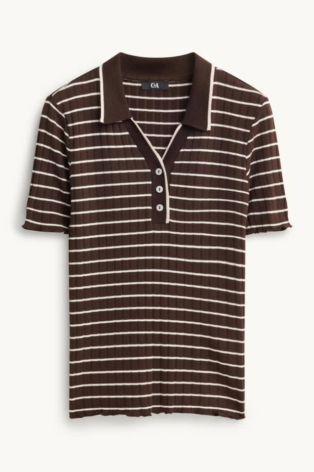 Dames - Poloshirt - regular fit - geribd - gestreept - bruin