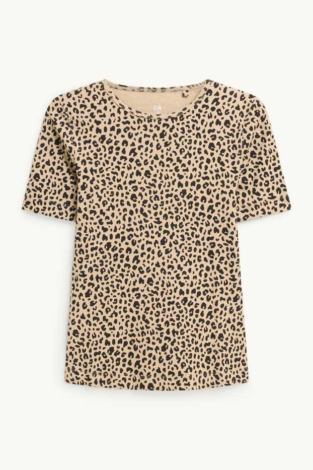 Femmes - T-shirt - slim fit - finition côtelée - imprimé léopard - noir / beige