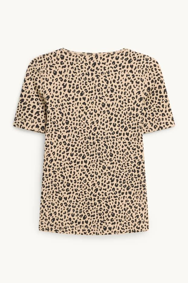 Femmes - T-shirt - slim fit - finition côtelée - imprimé léopard - noir / beige