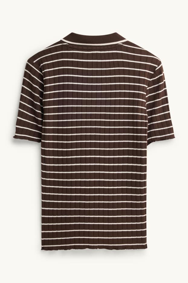 Dames - Poloshirt - regular fit - geribd - gestreept - bruin