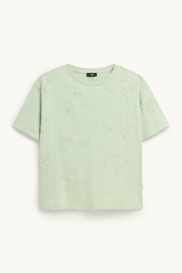 Donna - T-shirt - regular fit - ricamata - a fiori - verde chiaro