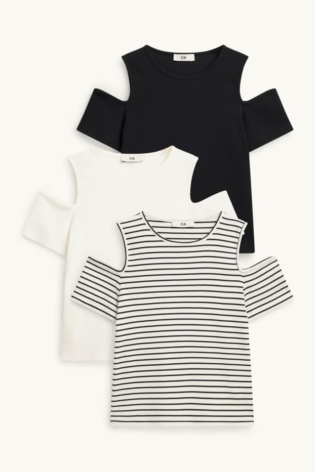 Enfants filles - Lot de 3 - T-shirts - finition côtelée - noir / blanc