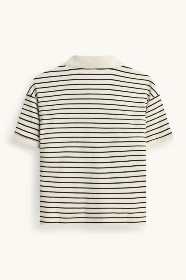 Dames - Gebreid poloshirt - regular fit - gestreept - wit / zwart