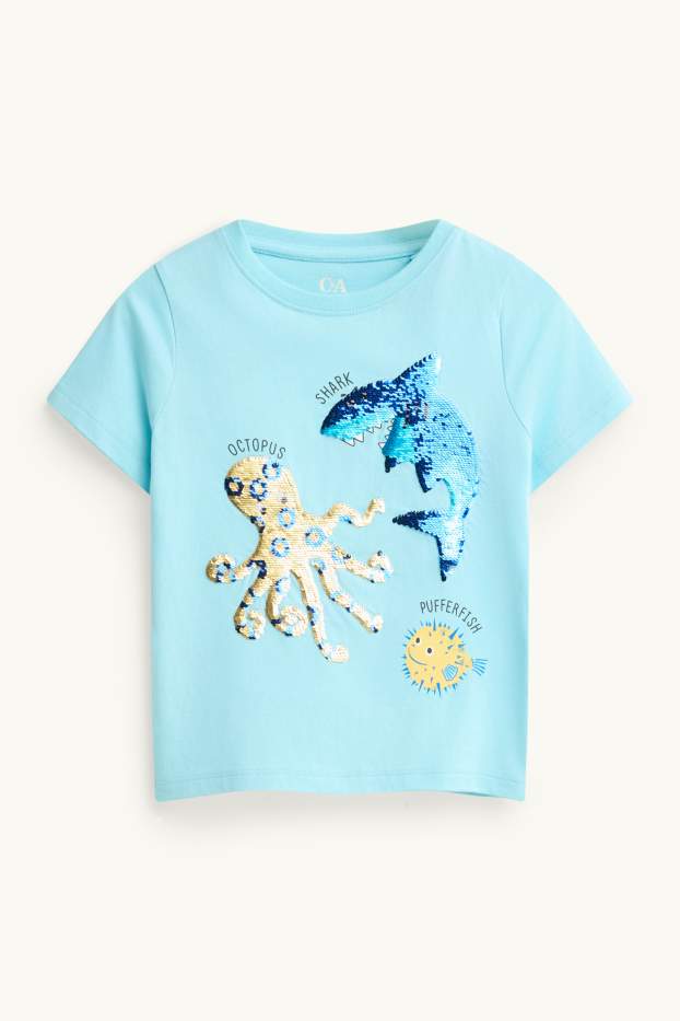 Enfants garçons - Requin, pieuvre, poisson-globe - T-shirt - effet brillant - bleu clair