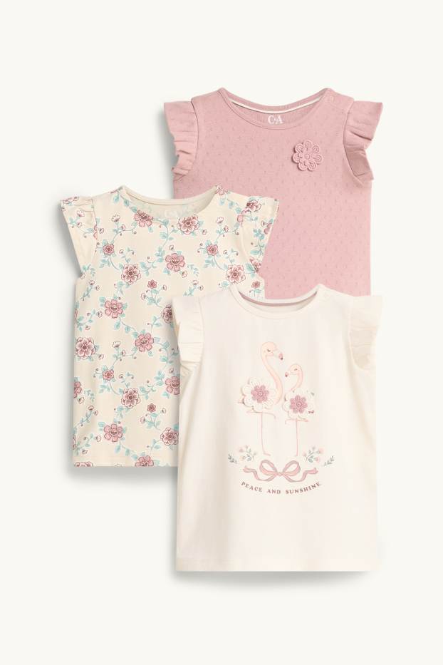Bebeluși - fete - Multipack 3 buc. - flamingo și floare - tricou cu mânecă scurtă - crem