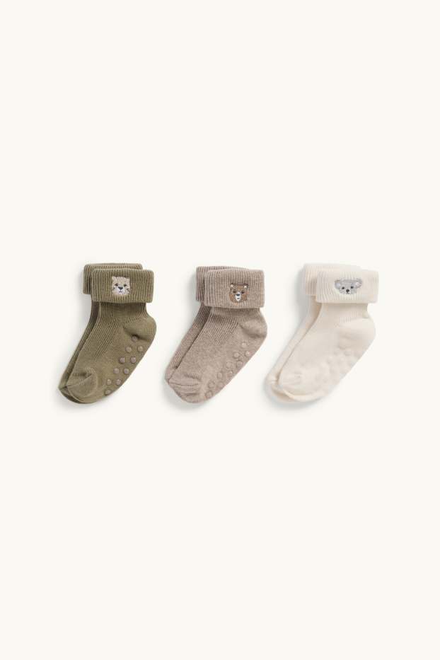 Baby Jungen - Multipack 3er - Bärchen - Baby-Anti-Rutsch-Socken - gerippt - khaki