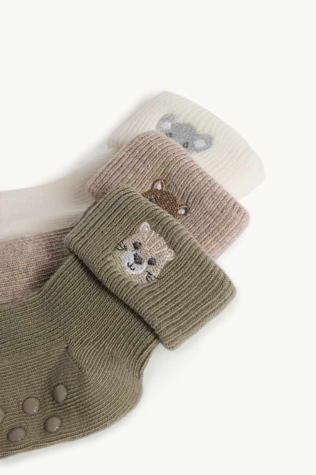 Baby Jungen - Multipack 3er - Bärchen - Baby-Anti-Rutsch-Socken - gerippt - khaki