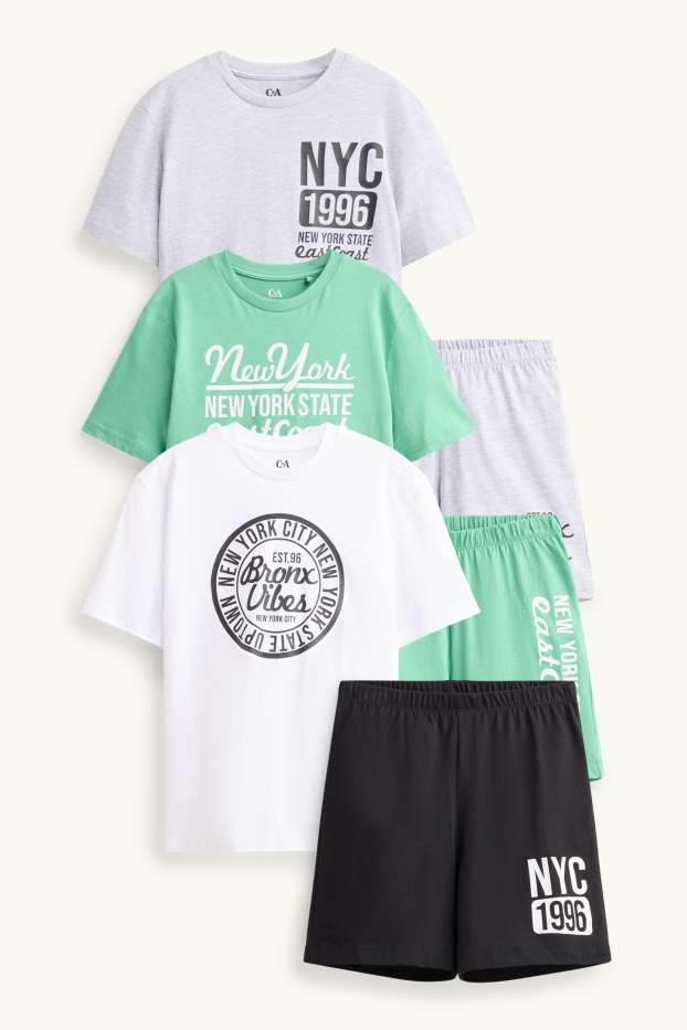 Kinder Buben - Multipack 3er - New York - Shorty Pyjama - 6 teilig - grau / grün