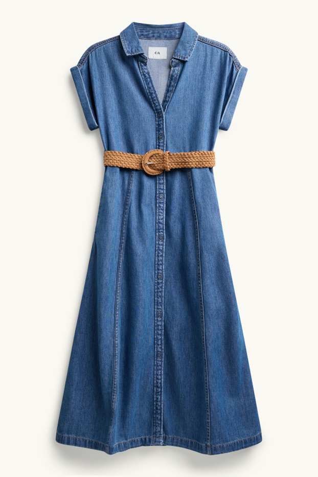 Femmes - Robe-chemisier en jean avec encolure en V et ceinture - jean bleu