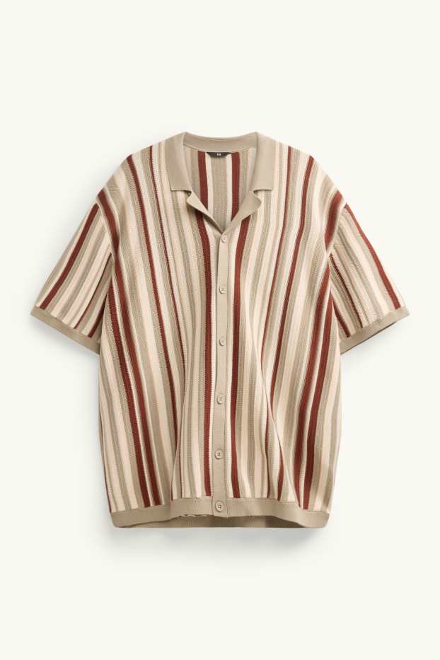 Heren - Gebreid overhemd - regular fit - reverskraag - gestreept - bruin