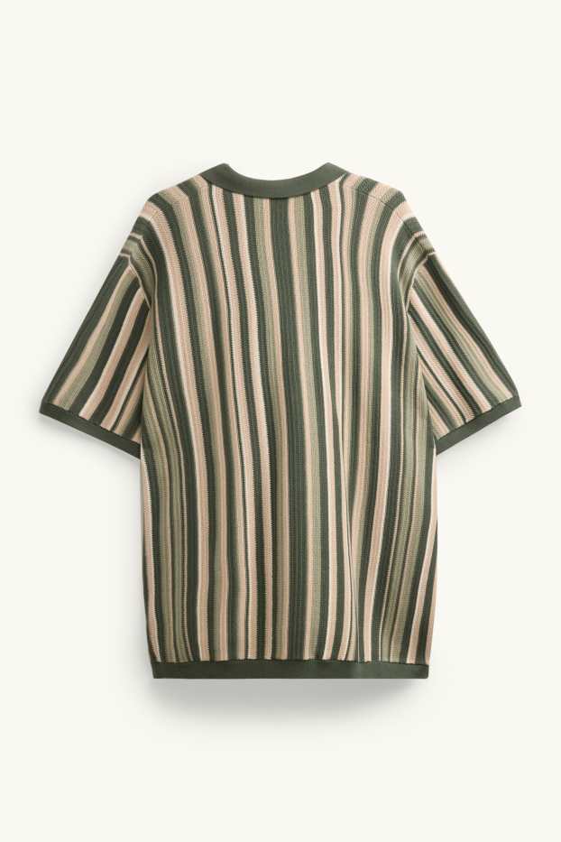 Heren - Gebreid overhemd - regular fit - reverskraag - gestreept - kaki