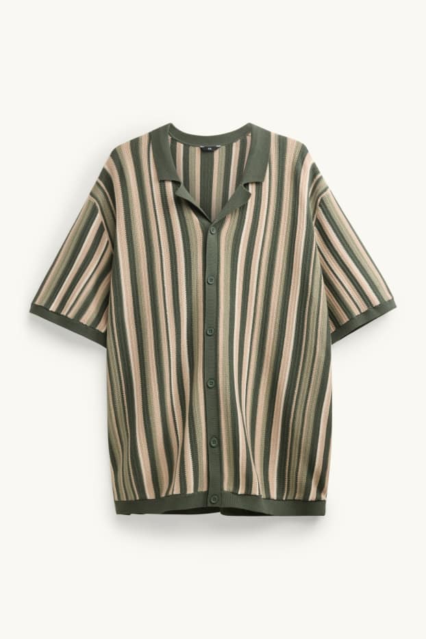 Heren - Gebreid overhemd - regular fit - reverskraag - gestreept - kaki