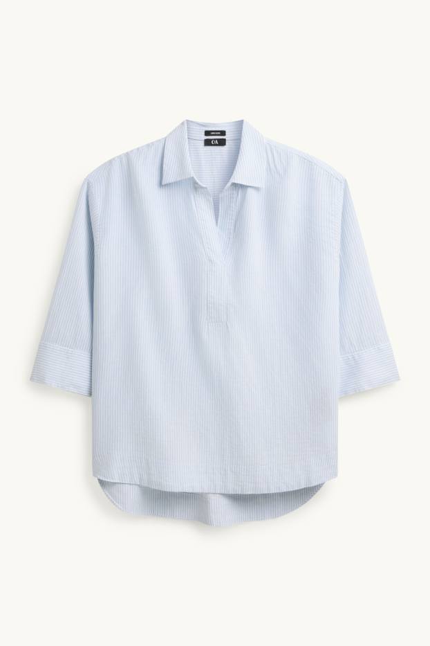 Mujer - Blusa camisera - mezcla de lino - de rayas - azul claro