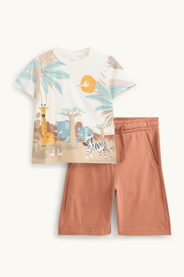 Children Boys - Animals - set - short sleeve T-shirt and shorts - 2 piece - brown / beige