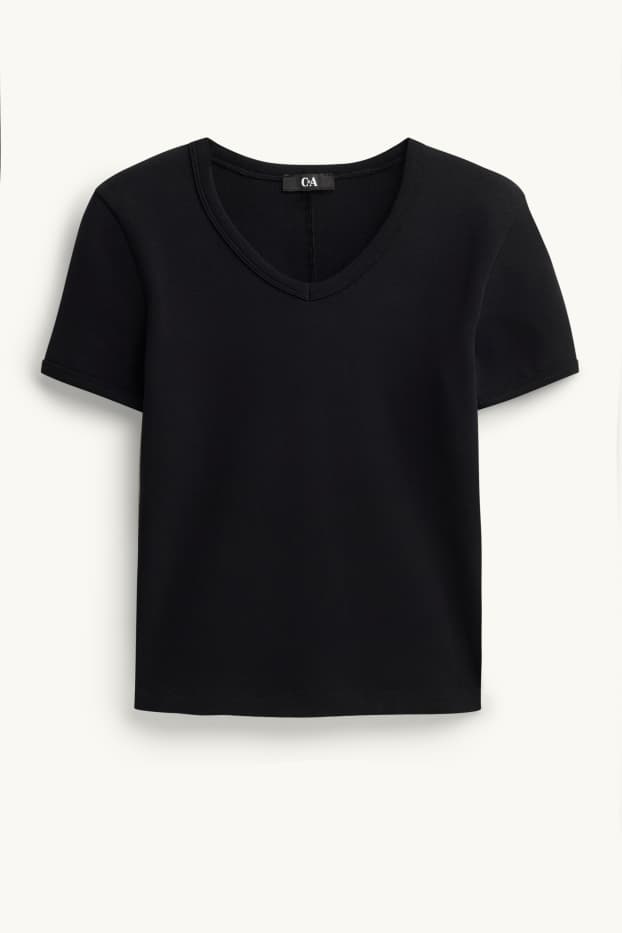 Women - V-neck T-shirt - slim fit - skinny rib - black / red