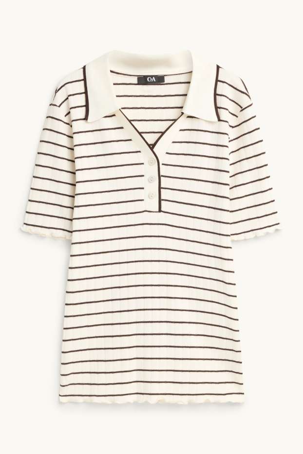 Women - Polo shirt - regular fit - ribbed - striped - brown / cremewhite