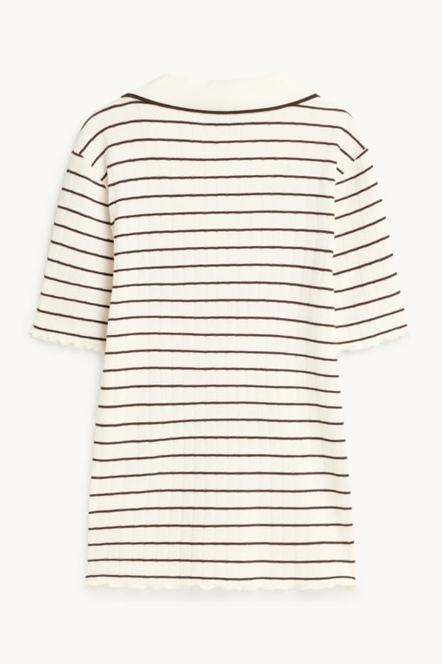 Women - Polo shirt - regular fit - ribbed - striped - brown / cremewhite