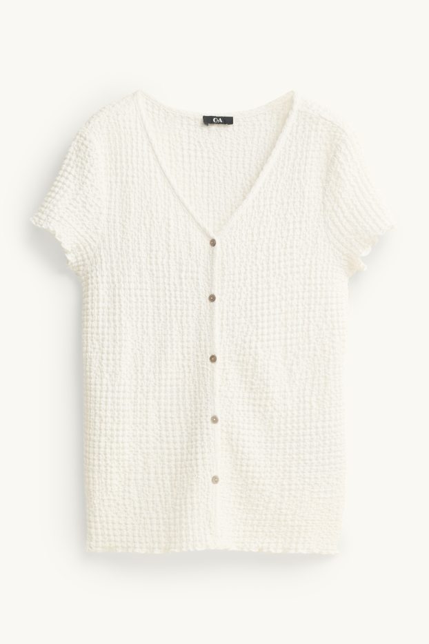 Damen - T-Shirt mit V-Ausschnitt und Knopfleiste - Regular Fit - cremefarben