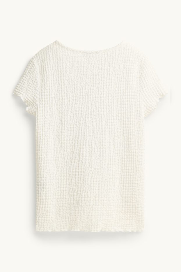 Damen - T-Shirt mit V-Ausschnitt und Knopfleiste - Regular Fit - cremefarben