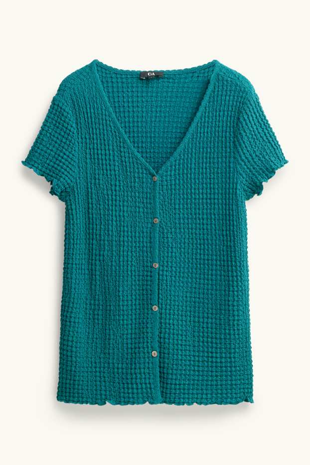 Femei - Tricou cu decolteu în V și fentă cu nasturi - regular fit - petrol