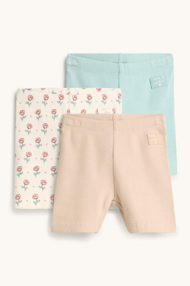 Baby: meisjes - Set van 3 - bloemetje - babylegging - geribd - beige / blauw