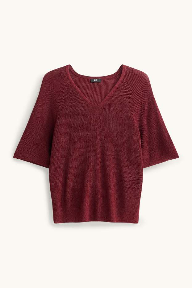 Dames - Gebreide trui - korte mouw - glanseffect - donkerrood