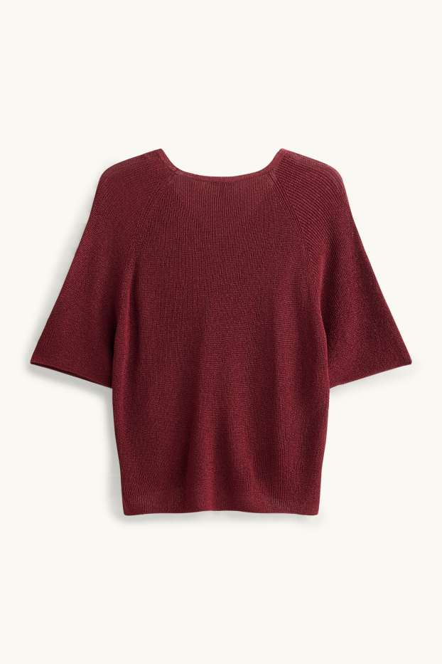 Dames - Gebreide trui - korte mouw - glanseffect - donkerrood