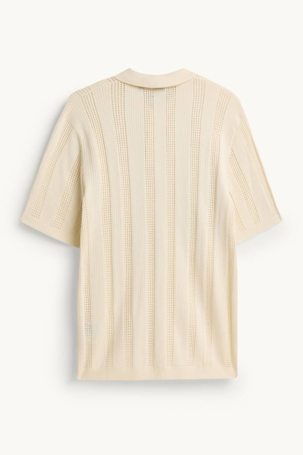 Heren - Gebreid poloshirt - relaxed fit - geribd - gestreept - crèmekleurig