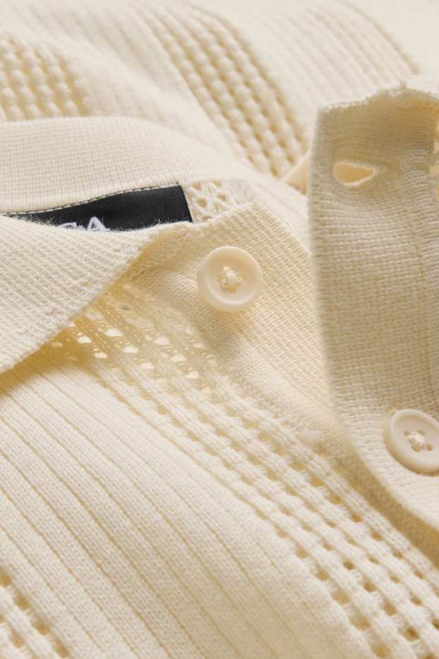 Heren - Gebreid poloshirt - relaxed fit - geribd - gestreept - crèmekleurig