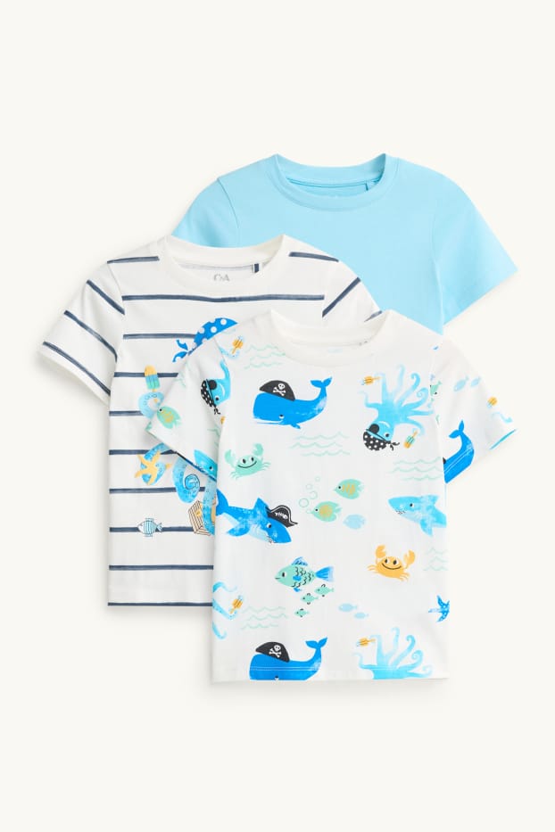 Bambini - Confezione da 3 - t-shirt - animali marini - bianco / blu