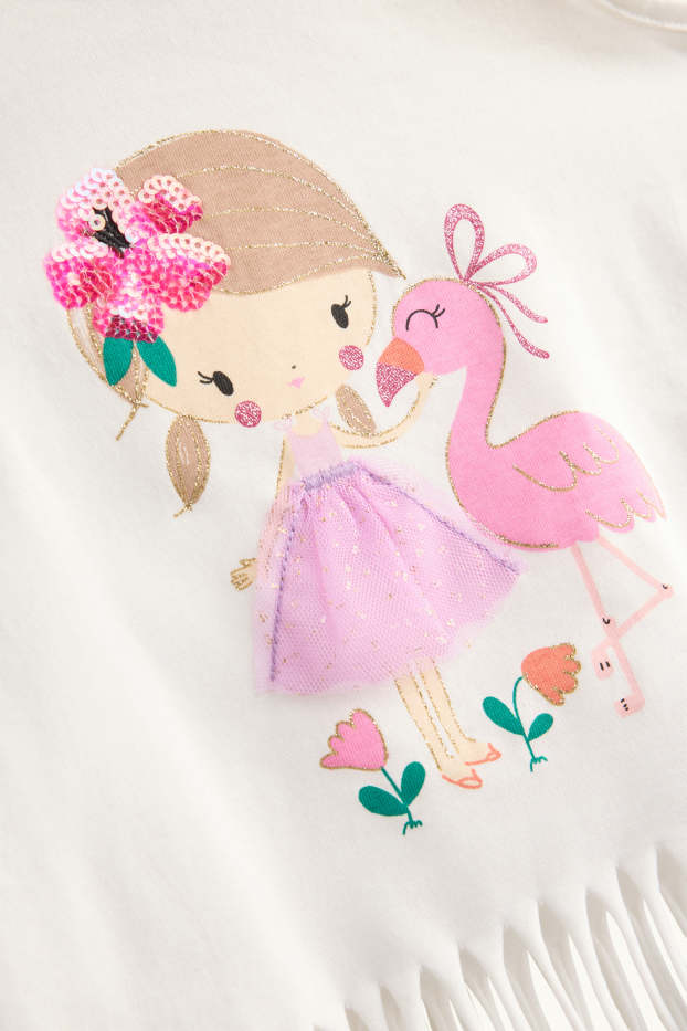 Kinder Mädchen - Mädchen und Flamingo - Top - Glanz-Effekt - weiß