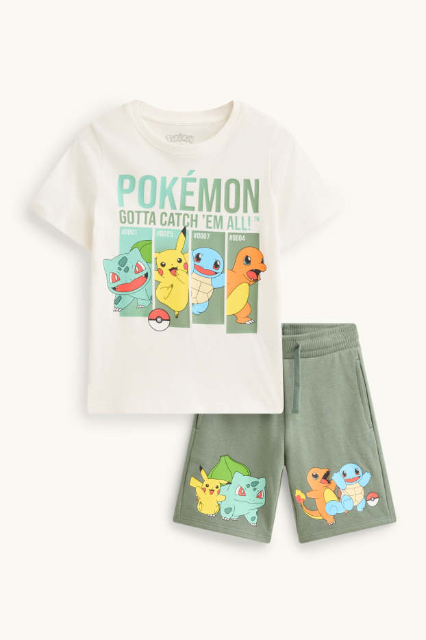 Kinder Buben - Pokémon - Set - Kurzarmshirt und Shorts - 2 teilig - weiß / grün