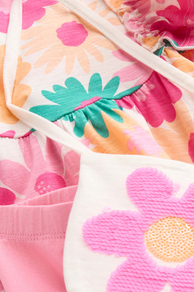 Enfants filles - Fleur - ensemble - tunique, leggings capri et sac - 3 pièces - rose pâle / orange