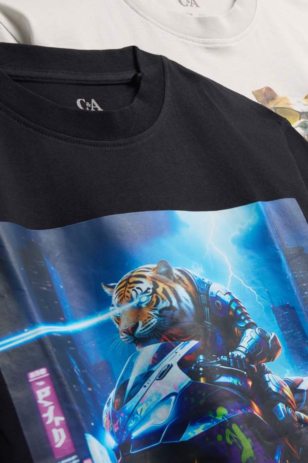 Kinderen: jongens - Set van 2 - hond en tijger - T-shirt - wit / zwart