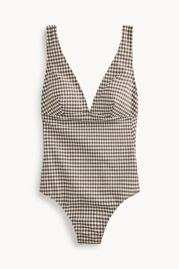 Damen - Shaping-Badeanzug - wattiert - kariert - braun / cremeweiss