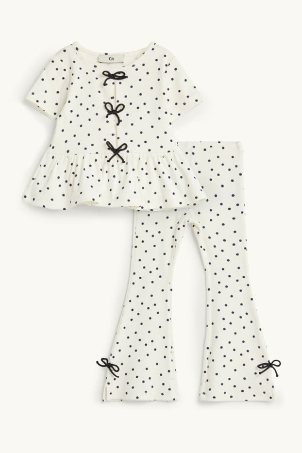 Kinder Mädchen - Punkte - Set - Kurzarmshirt und Flared Leggings - 2 teilig - weiß / schwarz