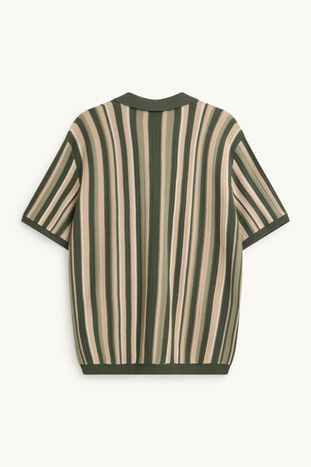 Pánské - Pletená košile - regular fit - klopový límec - pruhovaná - zelená