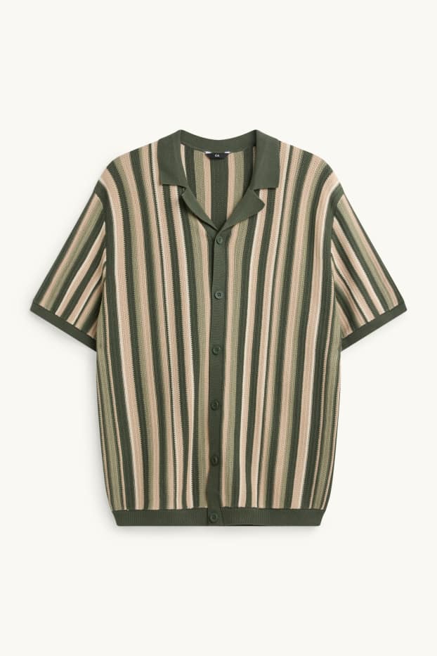 Pánské - Pletená košile - regular fit - klopový límec - pruhovaná - zelená