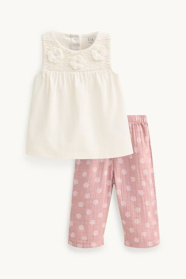 Bebeluși - fete - Floricele - compleu bebeluși - 2 piese - alb / roz