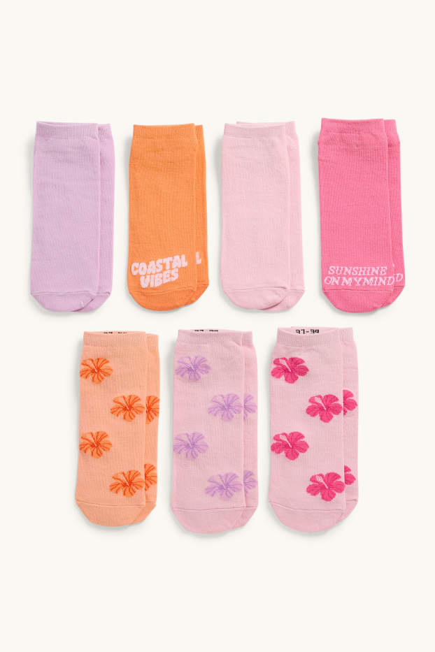Copii - Fete - Multipack 7 perechi - flori - șosete cu motive - roz / portocaliu