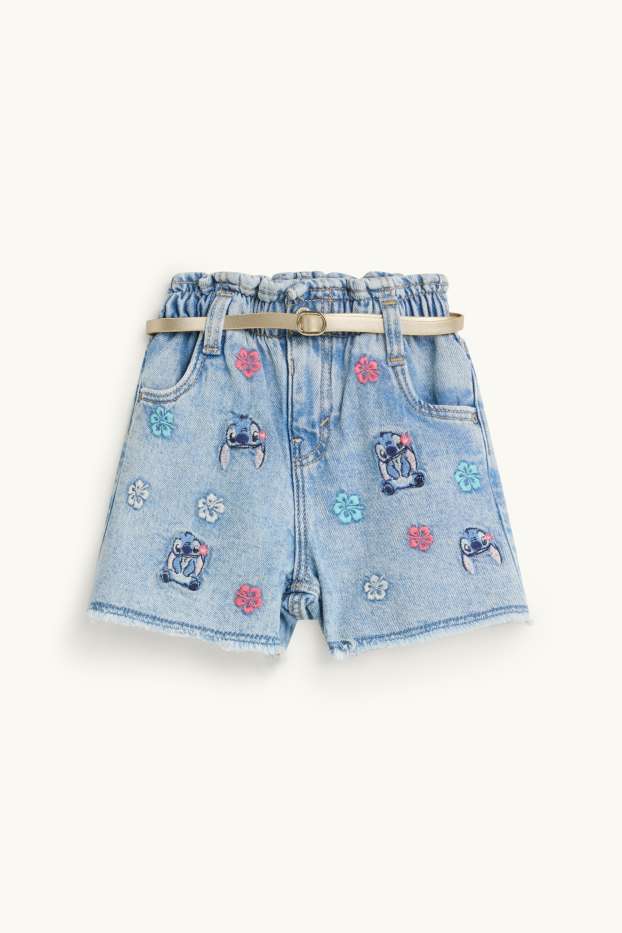Kinderen: meisjes - Lilo & Stitch - denim short met riem - jeanslichtblauw