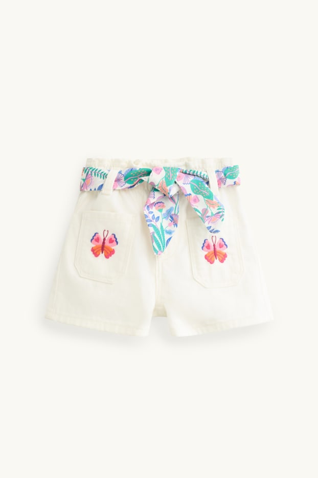 Children Girls - Butterfly - denim shorts - white