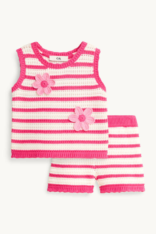 Enfants filles - Fleurs - ensemble - top en maille et short - 2 pièces- à rayures - blanc / rose