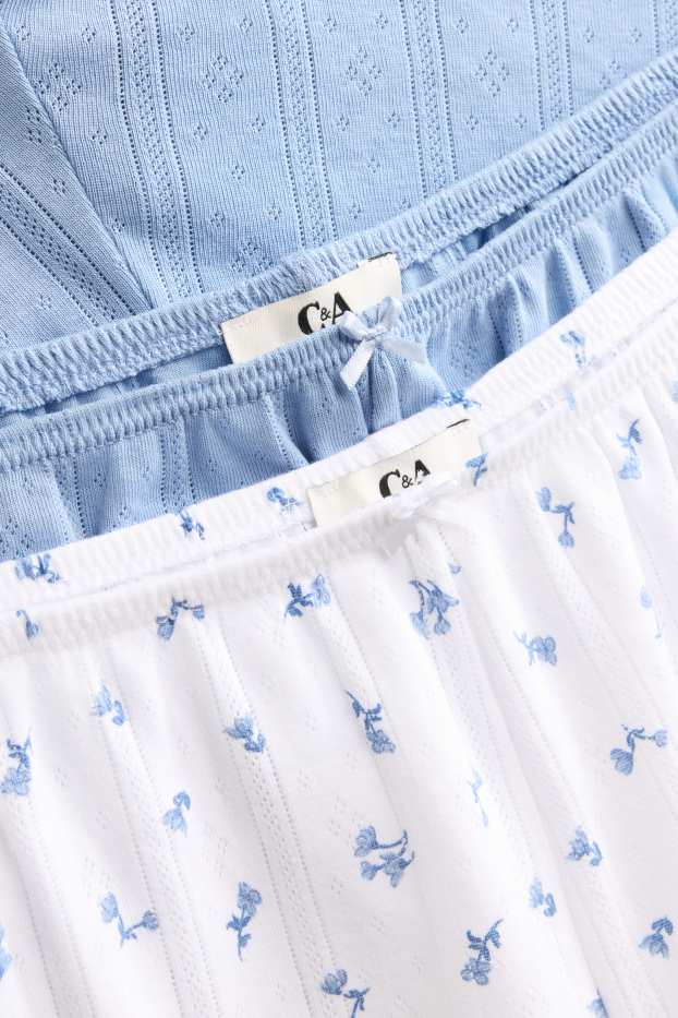 Damen - Multipack 2er - Pointelle-Pyjamashorts - geblümt - weiß / hellblau