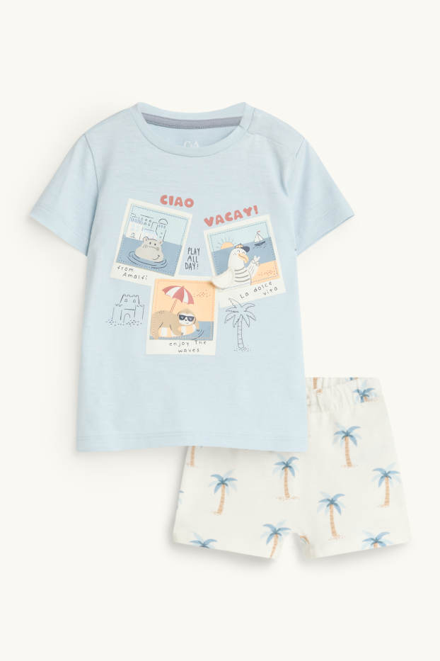 Baby: jongens - Dieren en palmbomen - babyoutfit - 2-delig - blauw