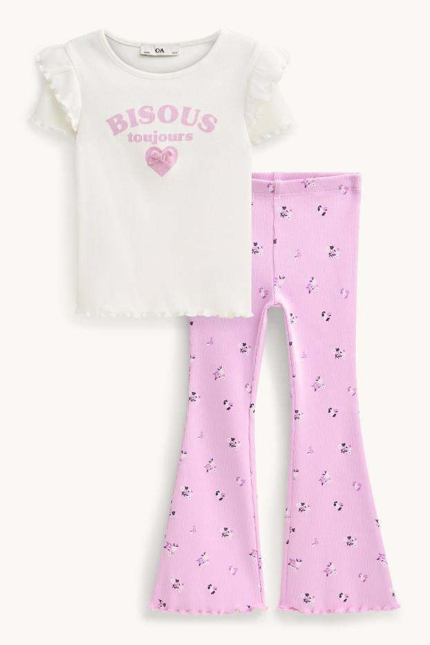 Kinder Mädchen - Blume - Set - Kurzarmshirt und Hose - 2 teilig - weiß / rosa