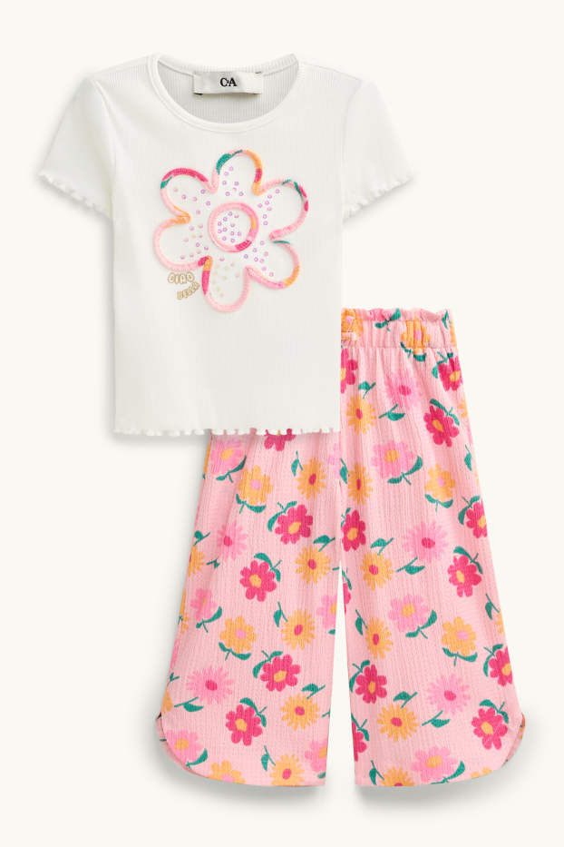Kinder Mädchen - Blümchen - Set - Kurzarmshirt und Hose - 2 teilig - weiss / rosa