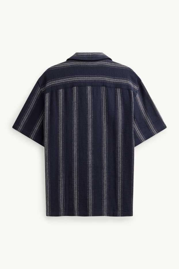 Men - Shirt - regular fit - lapel collar - striped - textured - dark blue